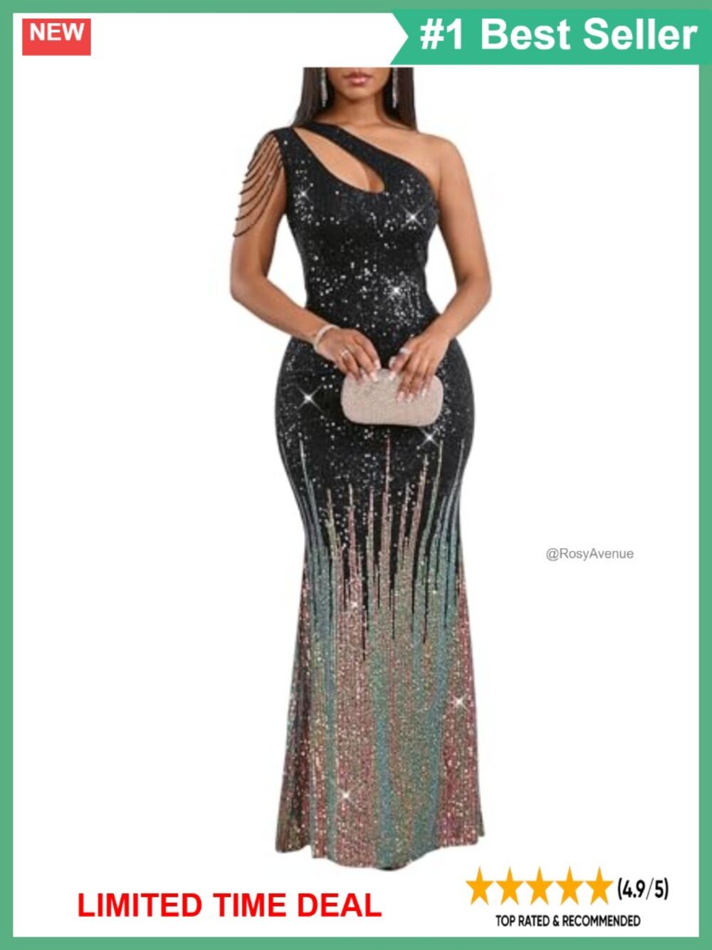 Sequin One Shoulder Tassel Mermaid Bodycon Maxi Formal Evening Dress